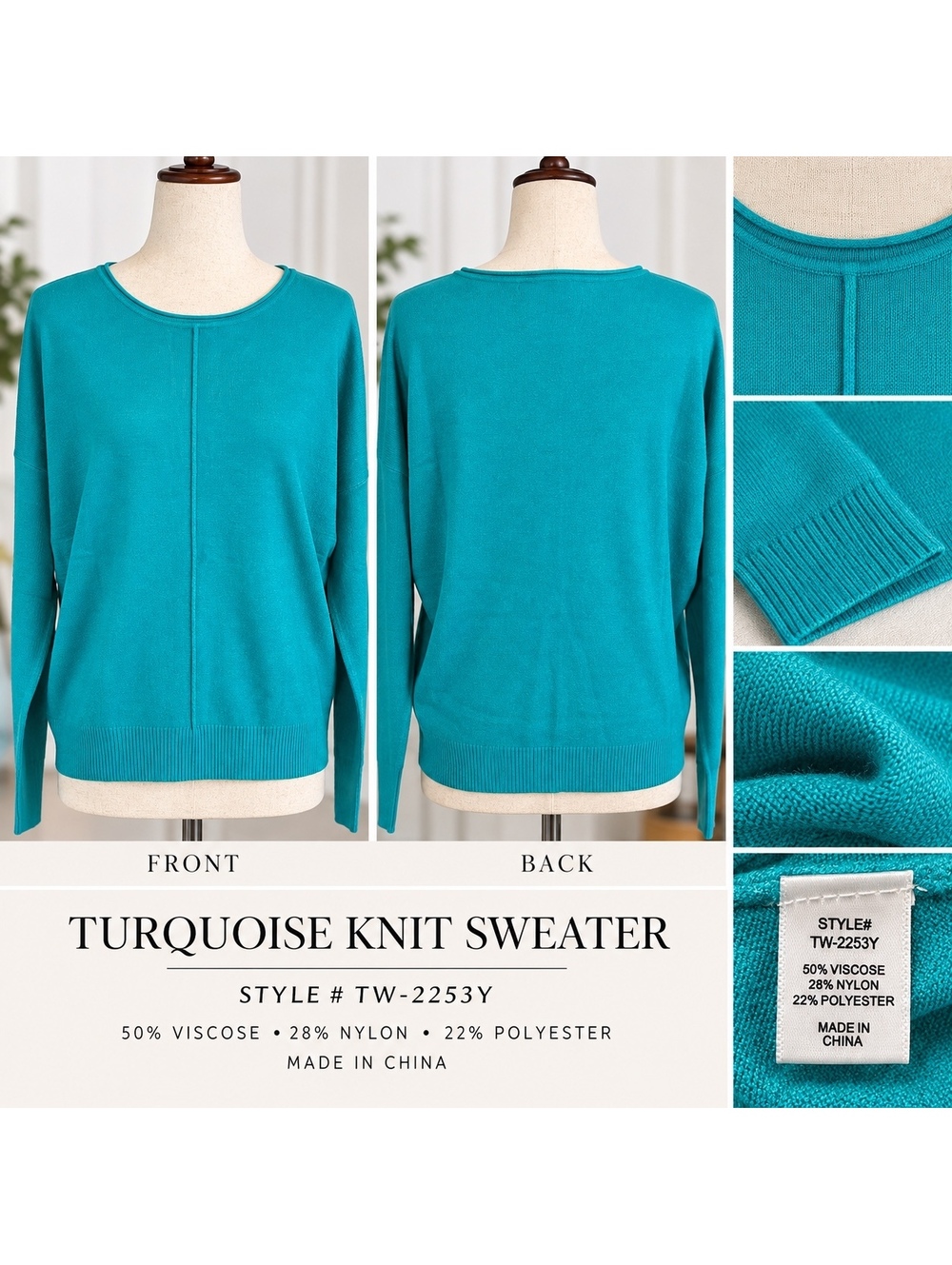 Zenana Turquoise Knit Sweater with Long Sleeves S/M/L
